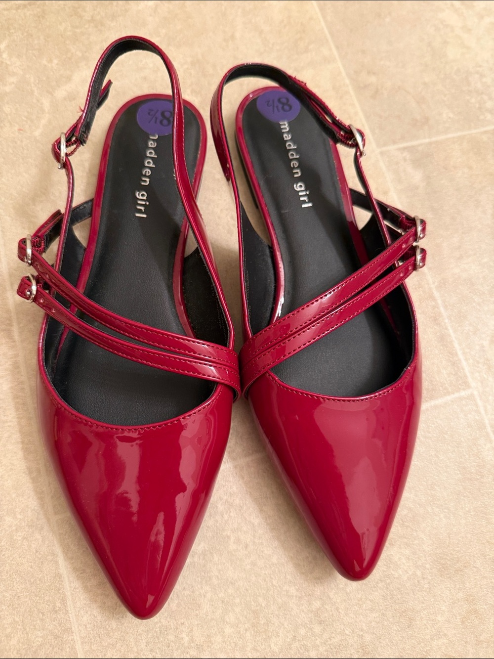 Madden Girl Glossy Red Pointed-Toe Double-Strap Slingback Flats